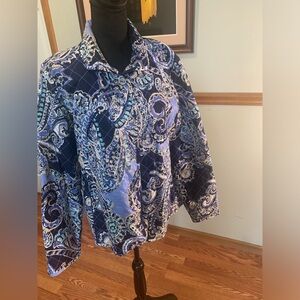 Chico’s blue print quilted jacket size L
